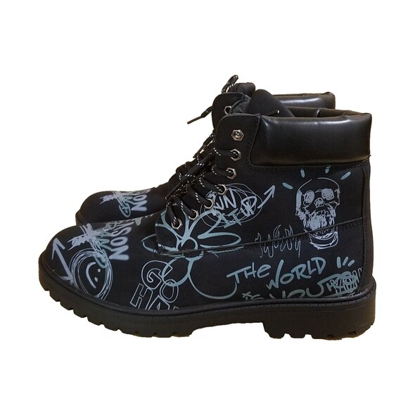 Reason Combat Boots Men’s 10.5 Black Graffiti Print Skull Flower Faux Suede main image 5